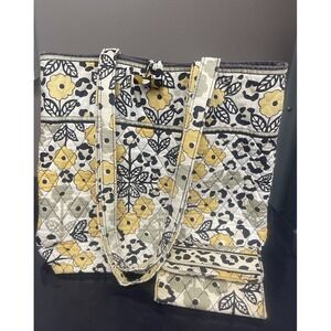 VERA BRADLEY Yellow Black Leopard Go Wild Floral Print Quilted Tote Bag & Wallet